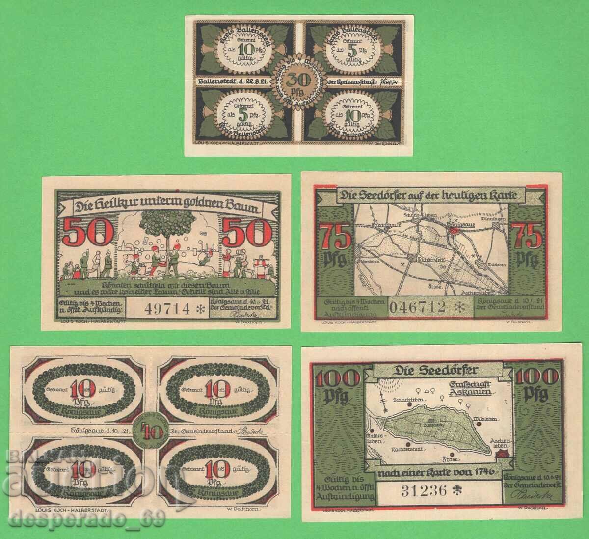 (¯`'•.¸NOTGELD (city Konigsaue) 1921 UNC -5 pcs. banknotes •'´¯) with price 16.50 BGN | € 8.44 (¯`'•.¸NOTGELD (city Konigsaue) 1921 UNC -5 pcs. banknotes •'´¯) with price 16.50 BGN | € 8.44