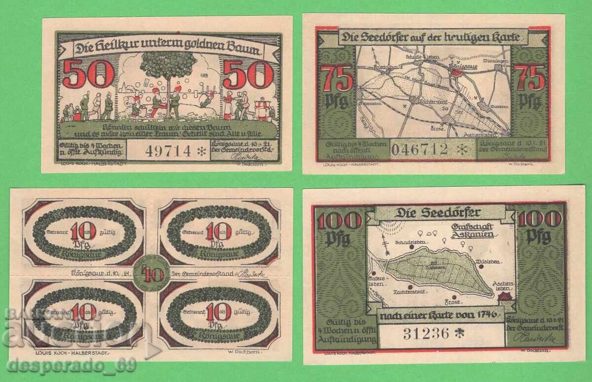 (¯`'•.¸NOTGELD (or. Konigsaue) 1921 UNC - 4 bancnote •'´¯) cu preț € 6.80 | 13.30 BGN