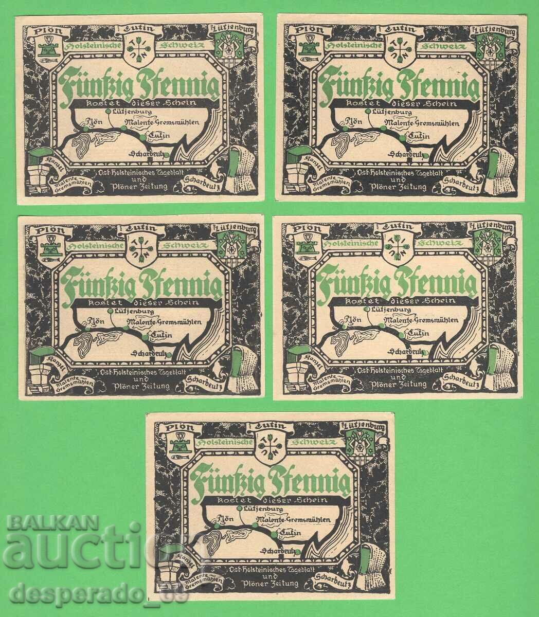 (¯`'•.¸NOTGELD (orașul Plön) UNC -5 bancnote¸.•'´¯) cu preț € 7.00 | 13.69 BGN