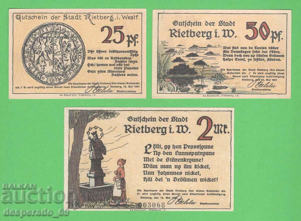 (¯`'•.¸NOTGELD (city. Rietberg) 1921 UNC -3 pcs. banknotes¸.•'´¯) with price 8.90 BGN | € 4.55