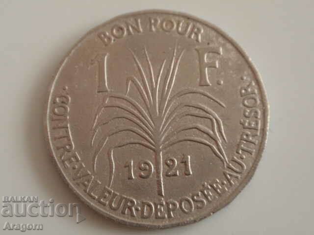 рядка монетa Гваделупа 1 франк 1921; Guadeloupe