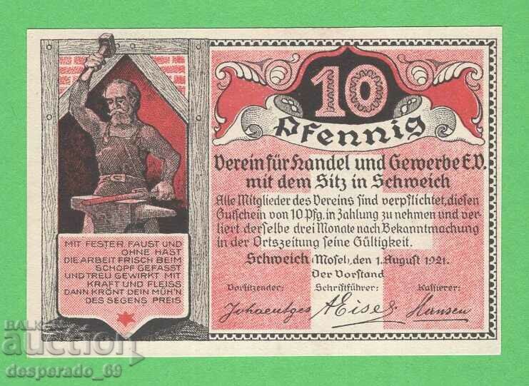 (¯`'•.¸NOTGELD (city Schweich) 1921 UNC -10 pfennig¸.•'´¯) with price 2.70 BGN | € 1.38
