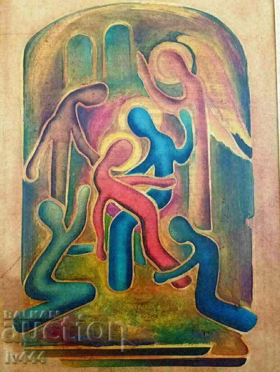 STEPHAN KALAMOV OLD BULGARIAN OIL PAINTING - THE LAMENT with price 500.00 BGN | € 255.65