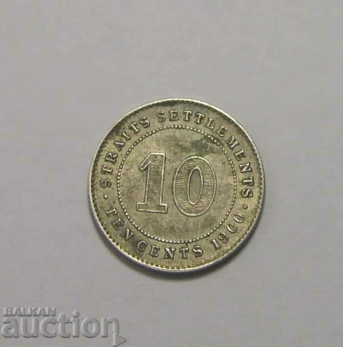 Straits Settlements 10 cents 1900 H coin