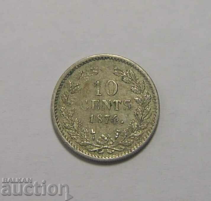 Olanda 10 cenți 1874 Excelent