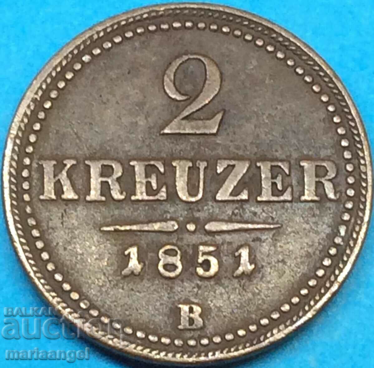 2 кройцера 1851 Австрия В - Кремниц