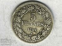 VERY RARE 1844 5 Franc Belgium Silver Coin