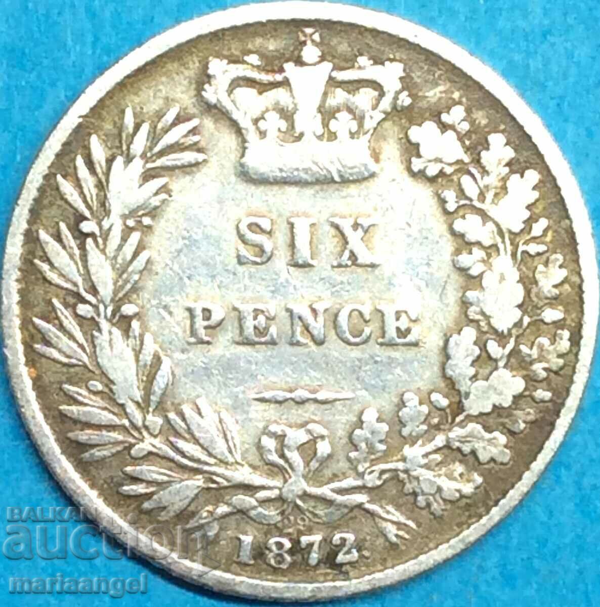 Marea Britanie 6 Pence 1872 Young Victoria Silver