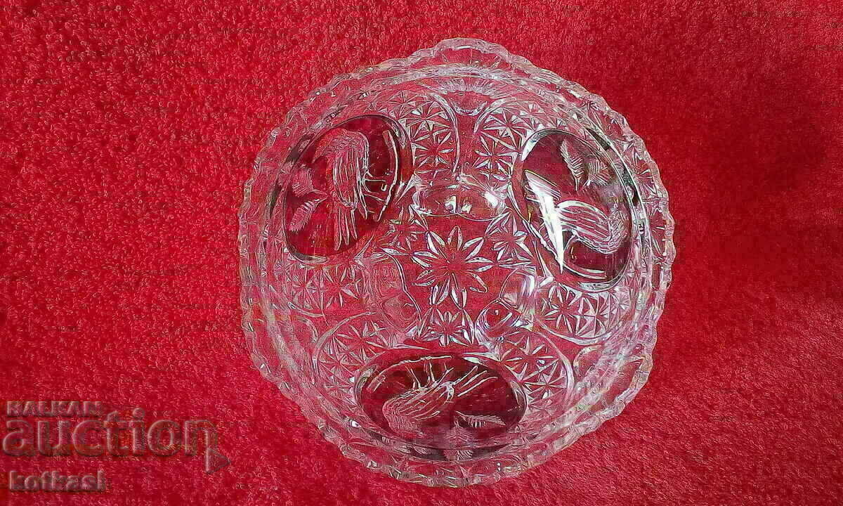 Auction Old crystal massive bowl Germany bird sparrow Auction Old crystal massive bowl Germany bird sparrow