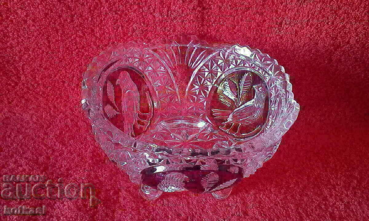 Old crystal massive bowl Germany bird sparrow - 5 Old crystal massive bowl Germany bird sparrow - 5