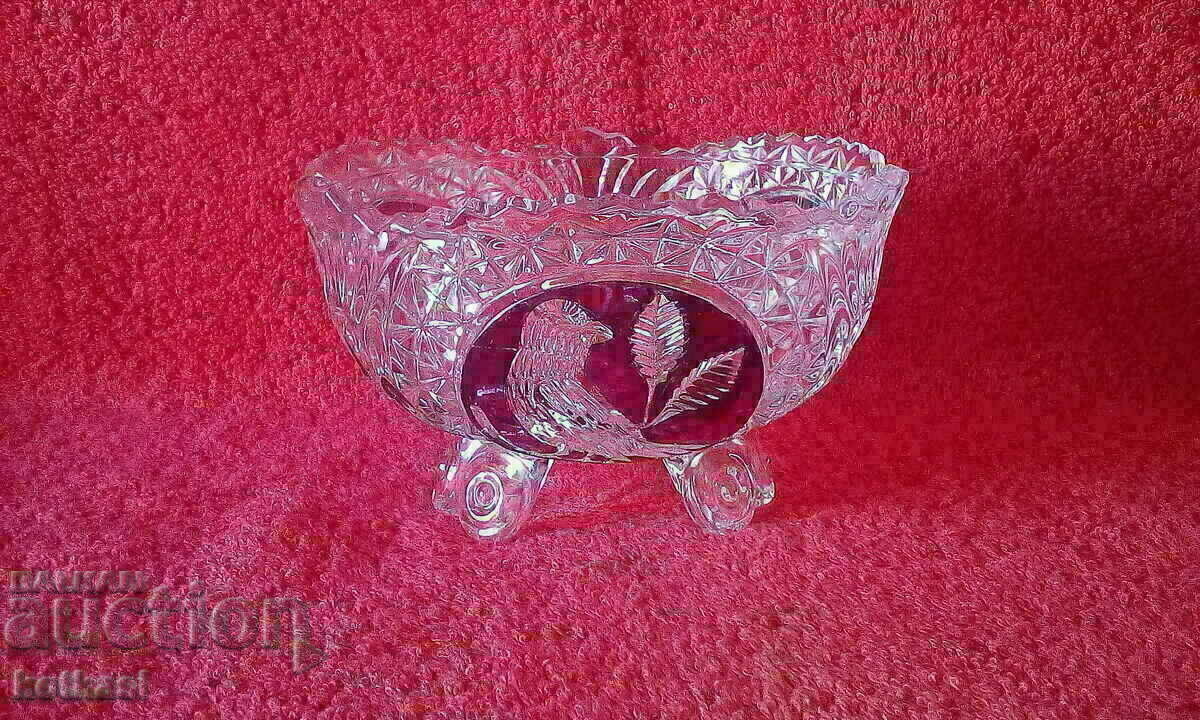 Old crystal massive bowl Germany bird sparrow Old crystal massive bowl Germany bird sparrow