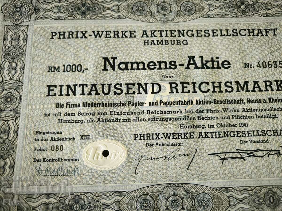 Action | 1000 Reich Marks | Phrix-Werke AG Hamburg | 1941 with price 20.00 BGN | € 10.23 Action | 1000 Reich Marks | Phrix-Werke AG Hamburg | 1941 with price 20.00 BGN | € 10.23