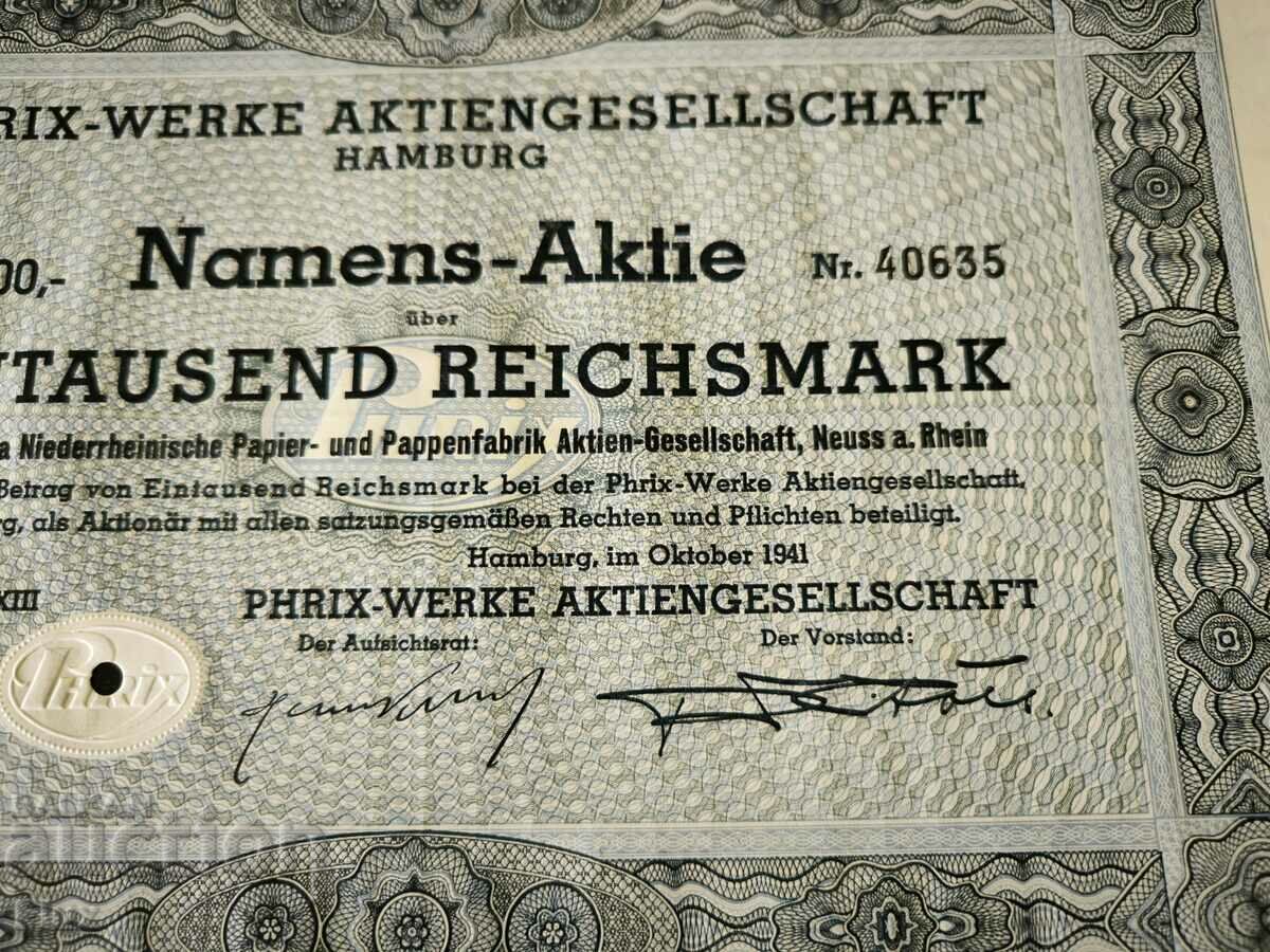 Auction Action | 1000 Reich Marks | Phrix-Werke AG Hamburg | 1941 Auction Action | 1000 Reich Marks | Phrix-Werke AG Hamburg | 1941