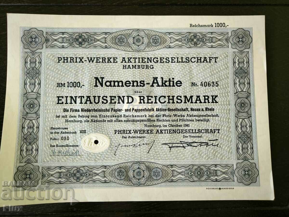 Acțiune | 1000 de mărci Reich | Phrix-Werke AG Hamburg | 1941