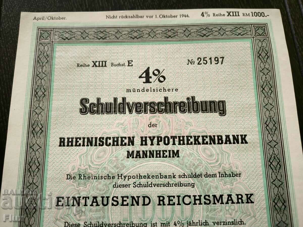 Reich Bond | 1000 marks | Rheinischen Hypothekerenbank with price 20.00 BGN | € 10.23 Reich Bond | 1000 marks | Rheinischen Hypothekerenbank with price 20.00 BGN | € 10.23