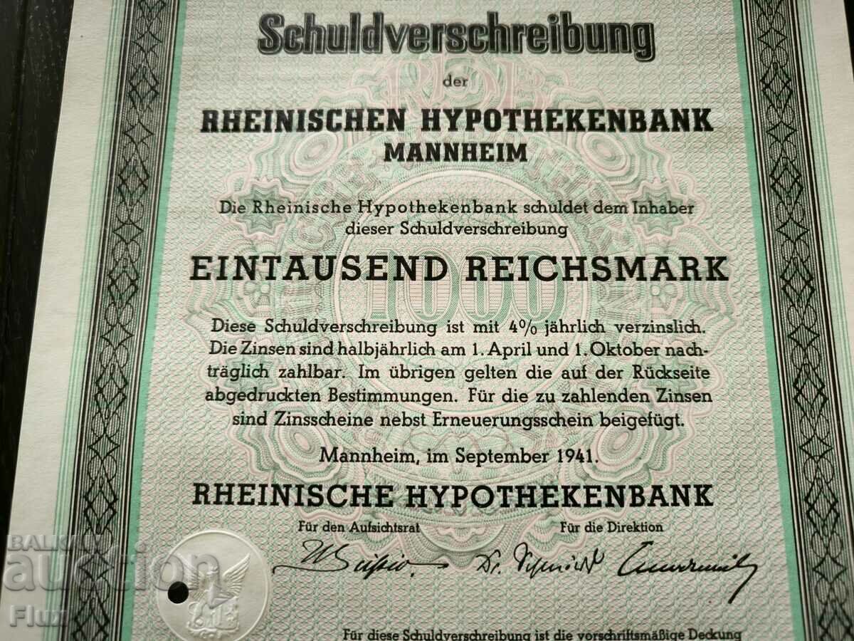 Auction Reich Bond | 1000 marks | Rheinischen Hypothekerenbank Auction Reich Bond | 1000 marks | Rheinischen Hypothekerenbank