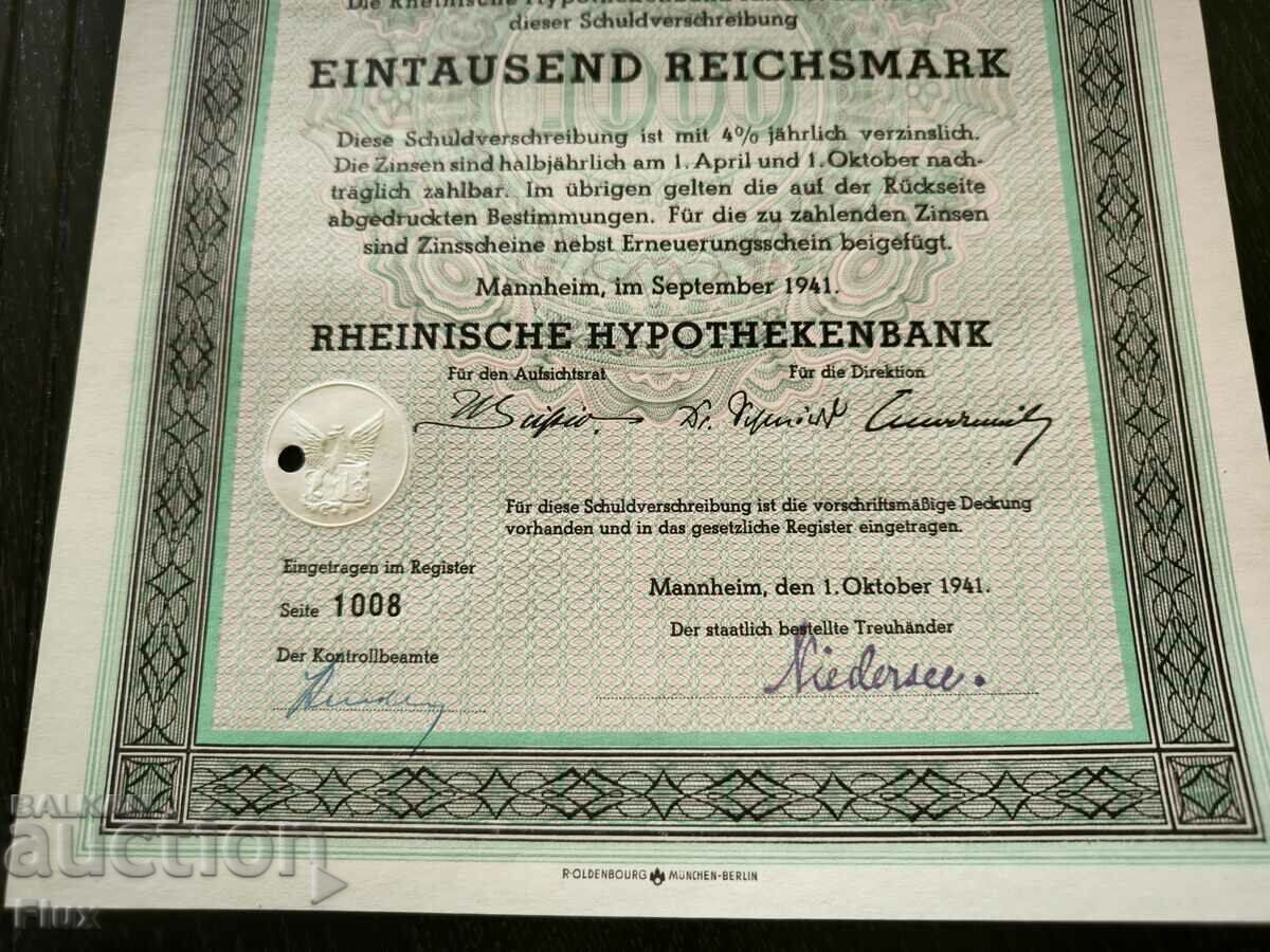Delivery of Reich Bond | 1000 marks | Rheinischen Hypothekerenbank Delivery of Reich Bond | 1000 marks | Rheinischen Hypothekerenbank