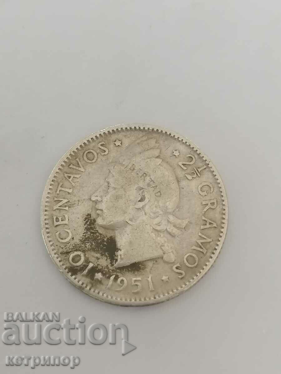 10 центавос 1951 г Доминиканска република сребърна
