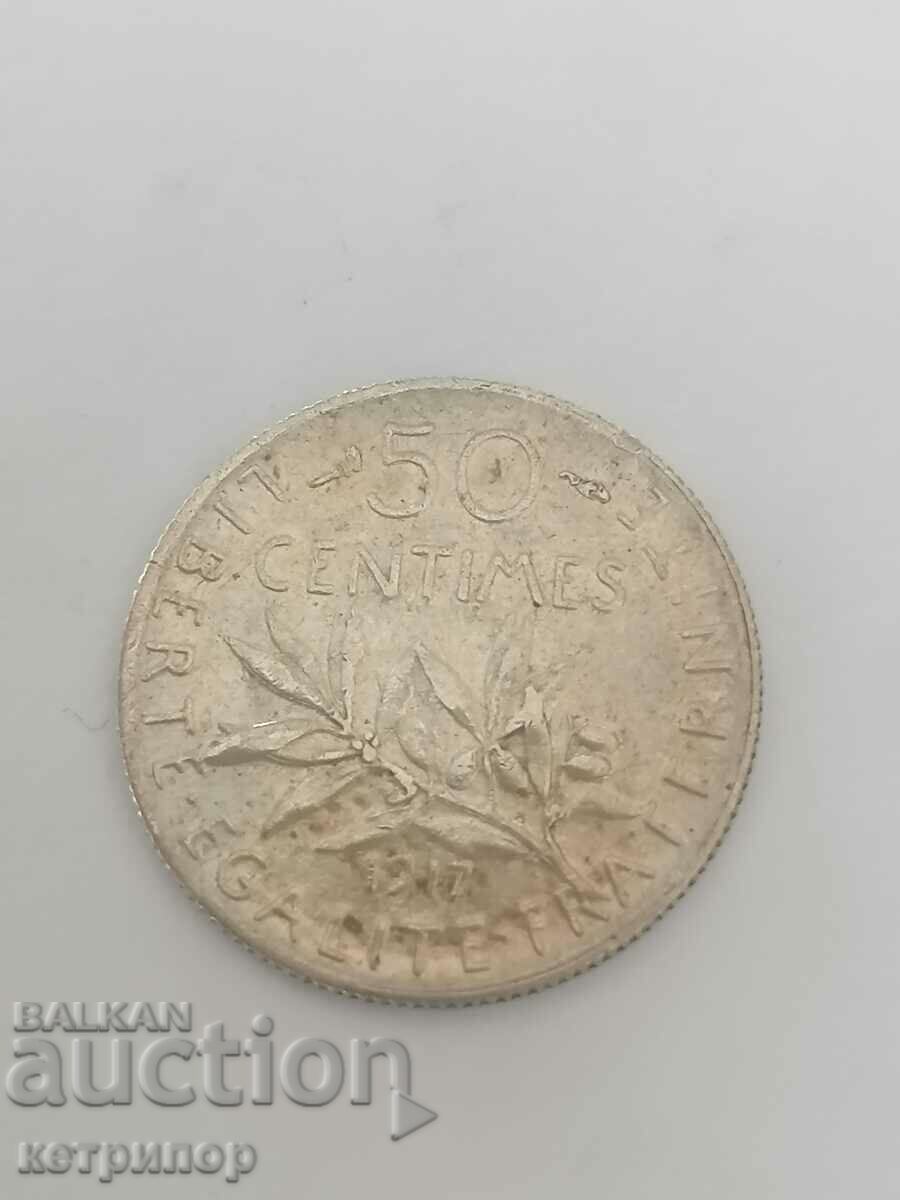 50 centimes 1917 France silver
