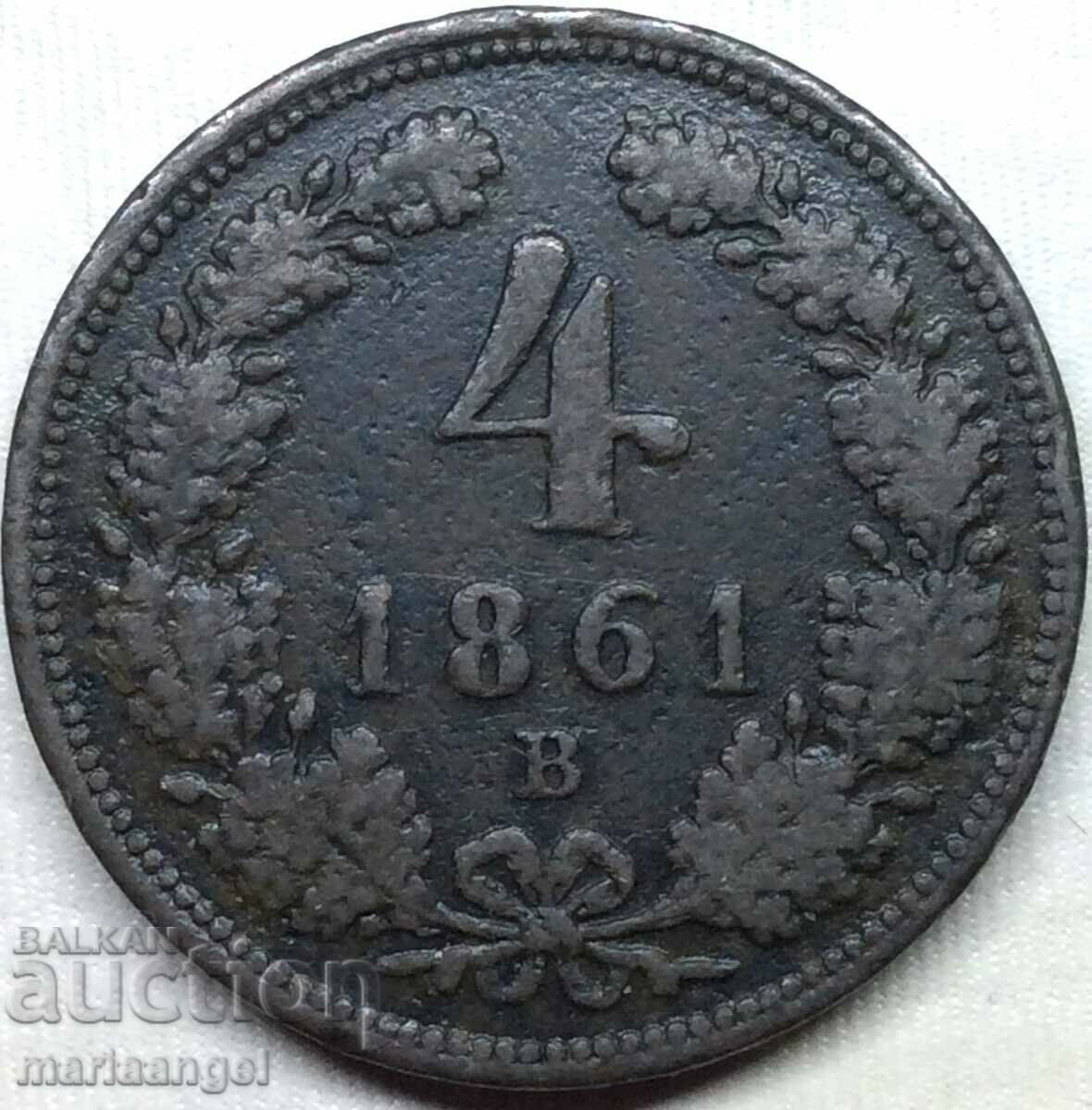 Унгария 4 кройцера 1861 КВ Австрия 12,98г - доста рядка