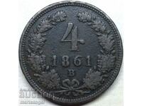 Унгария 4 кройцера 1861 КВ Австрия 12,98г - доста рядка