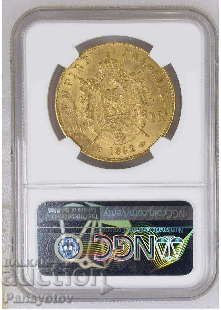 100 ФРАНКА ФРАНЦИЯ НАПОЛЕОН III РЯДКА ЗЛАТО NGC PCGS MS 60 с цена € 5600.00 | 10952.65 лв.