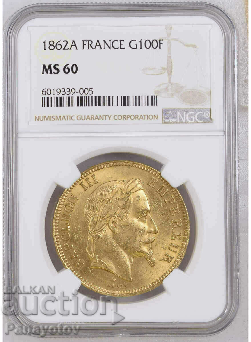 100 FRANC FRANCE NAPOLEON III RARE GOLD NGC PCGS MS 60