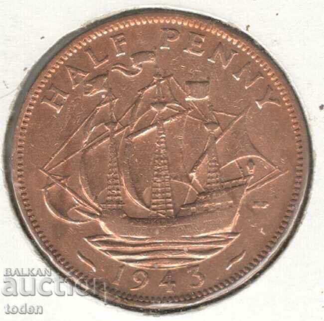 United Kingdom-½ Penny-1943-KM# 844-George VI-with 'IND:IMP'