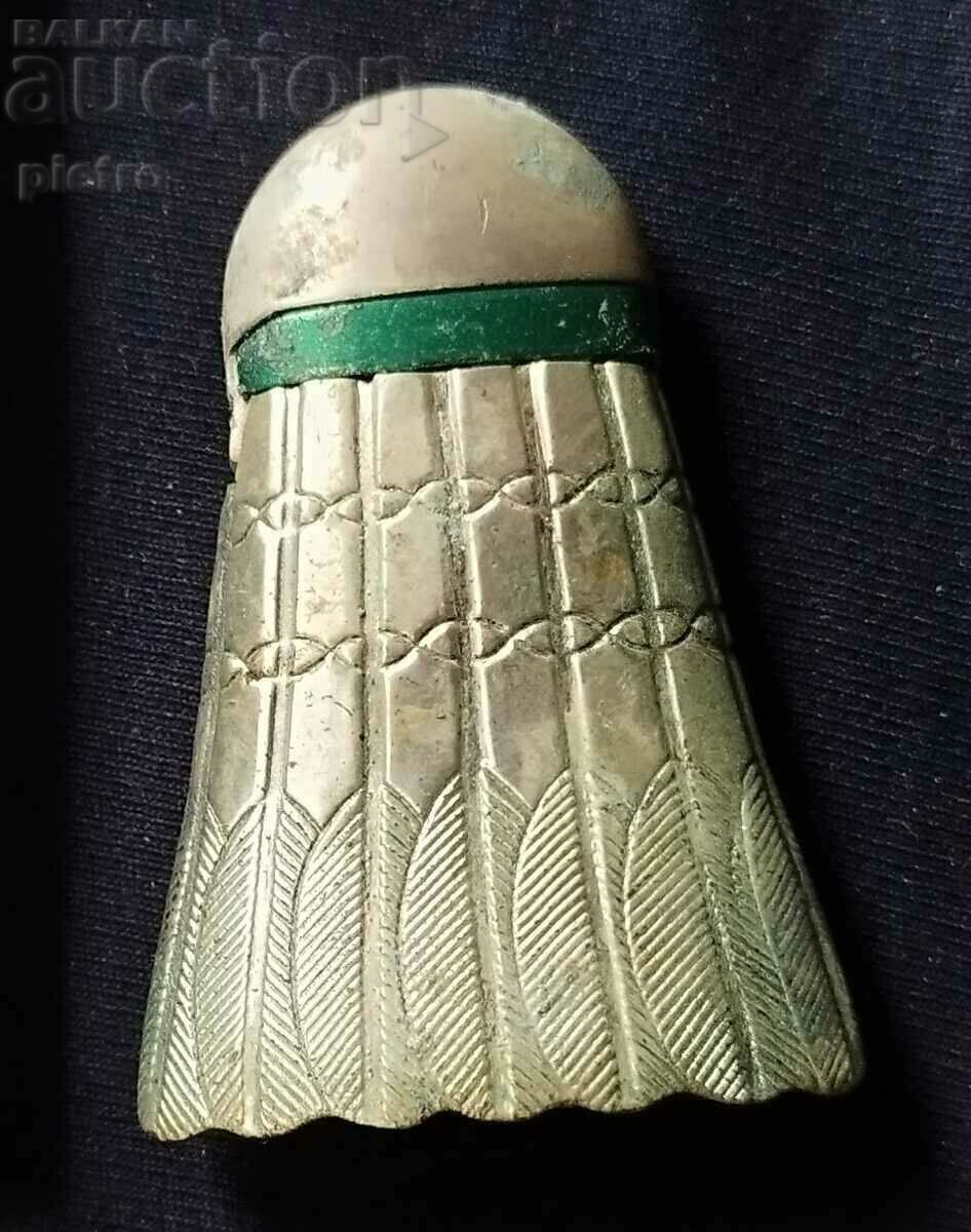 Metal retro gas lighter in the shape of a tennis racket