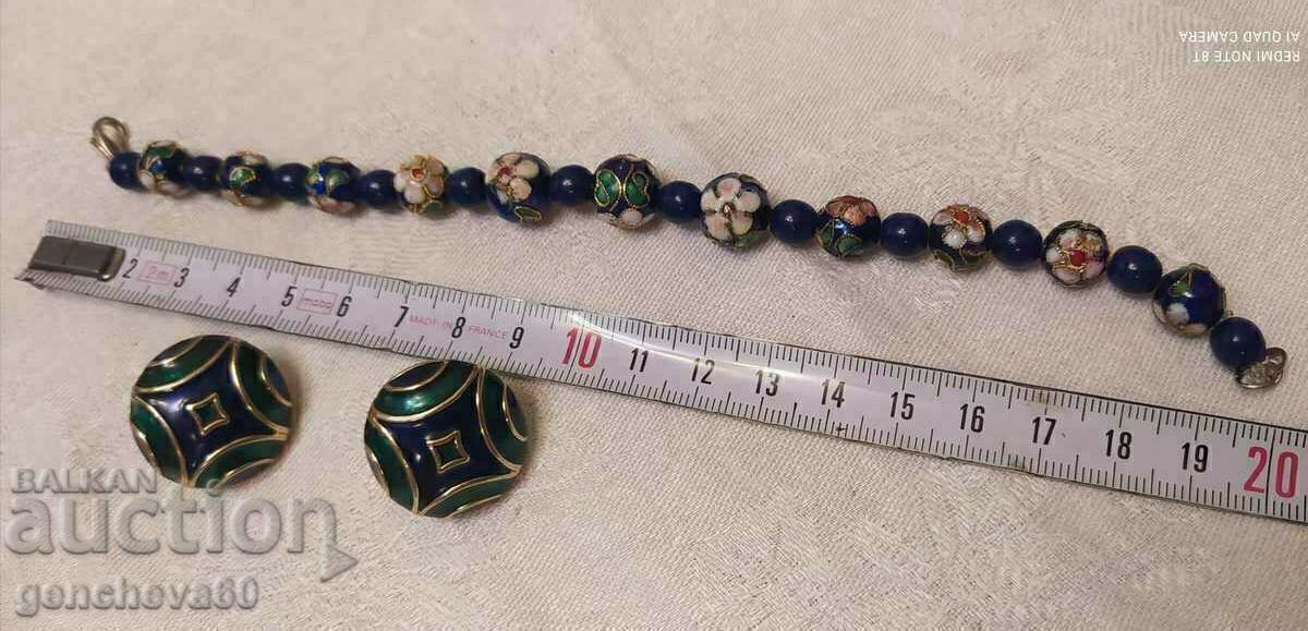 Licitație Bratara si cercei colorati Cloisonne vintage, email, placat cu aur