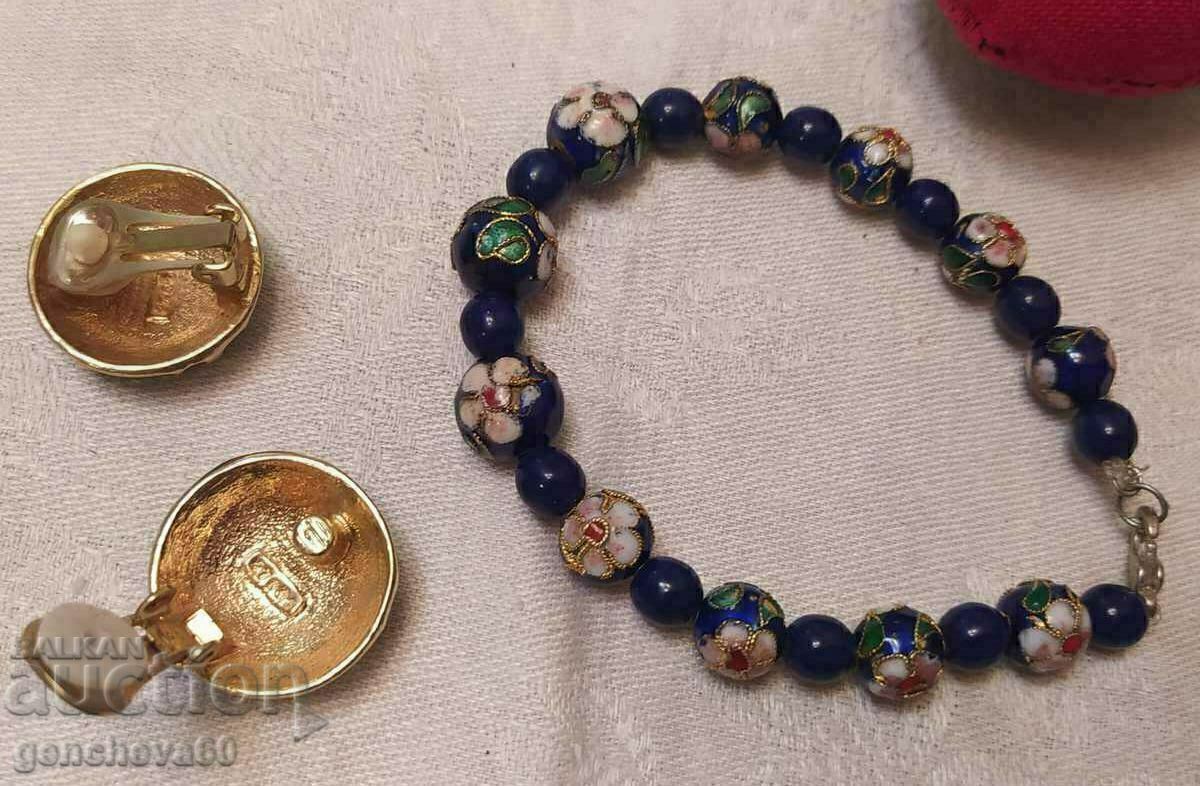 Βραχιόλι και σκουλαρίκια Vintage Cloisonne, σμάλτο, επιχρυσωμένο - 5