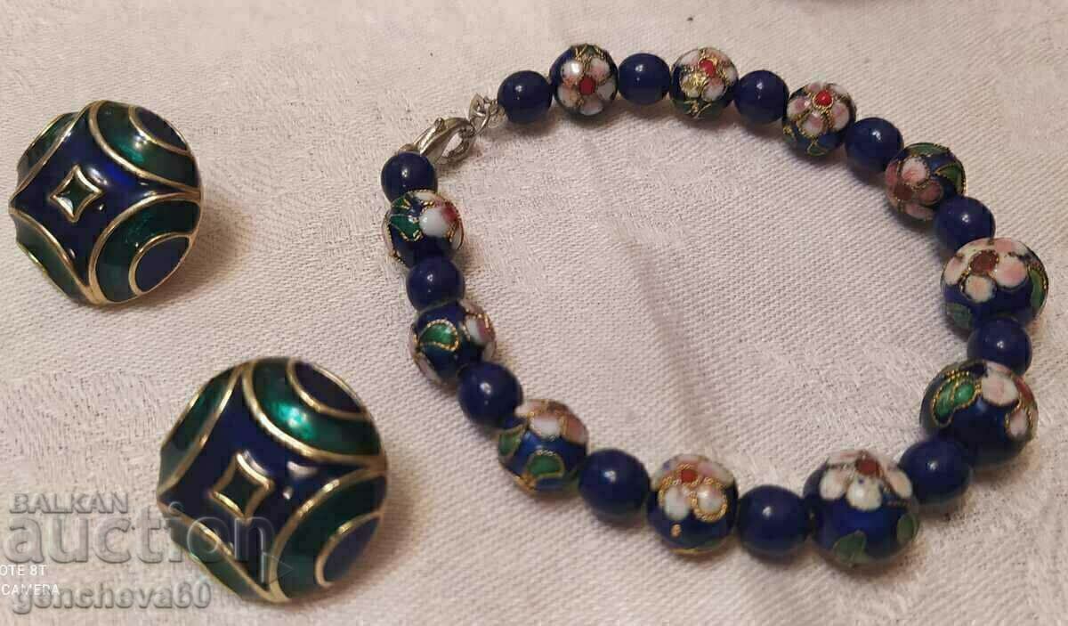 Bratara si cercei colorati Cloisonne vintage, email, placat cu aur - 6