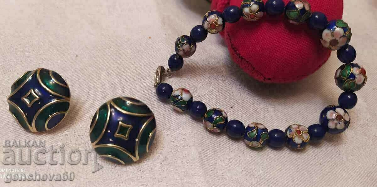 Βραχιόλι και σκουλαρίκια Vintage Cloisonne, σμάλτο, επιχρυσωμένο - 7