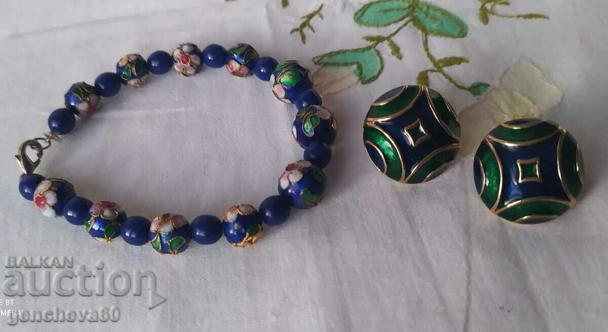 Vintage Cloisonne colored bracelet and earrings, enamel, gold plating