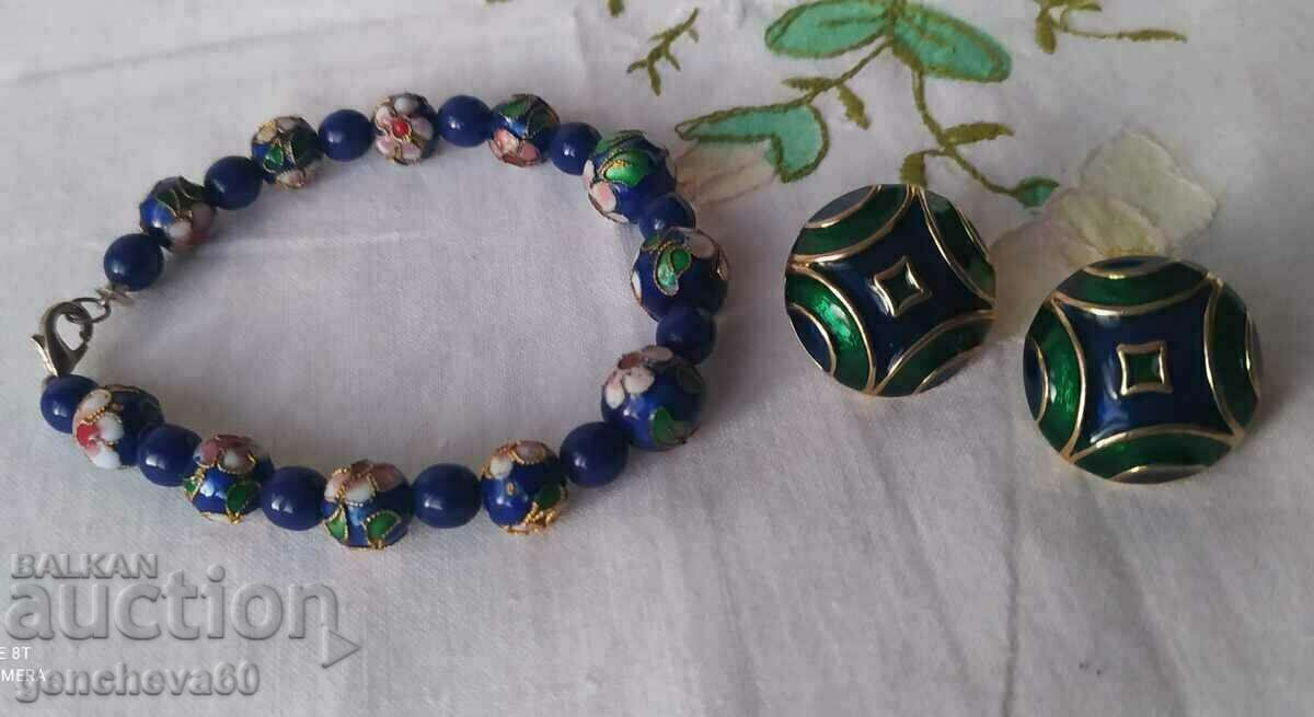 Bratara si cercei colorati Cloisonne vintage, email, placat cu aur