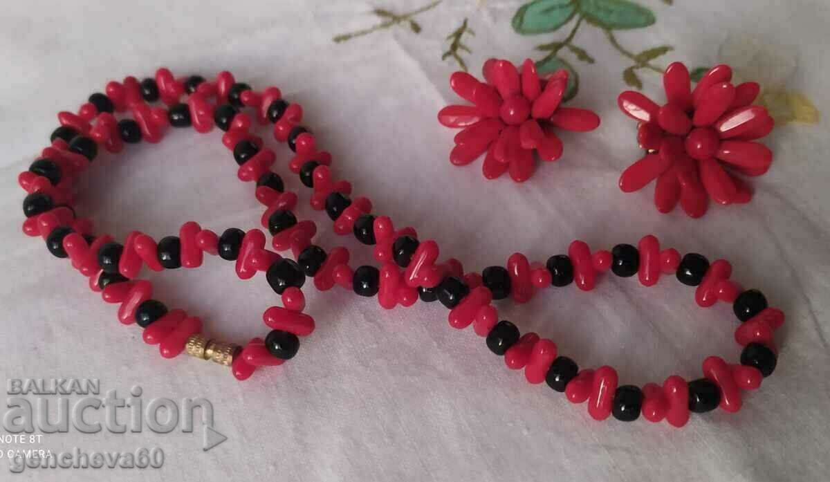 Red coral necklace and earring set 1960s