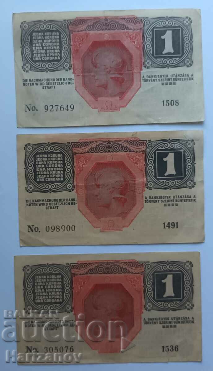 Lot 3x 1 kroner Austria-Hungary / 1 kronen 1918
