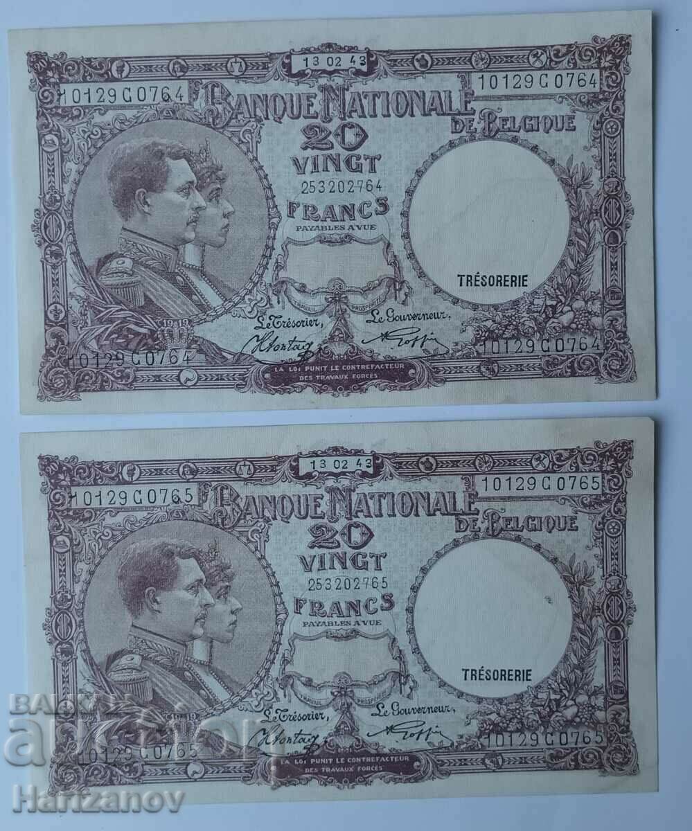 Lot of 20 francs in a row Belgium 1943 UNC!