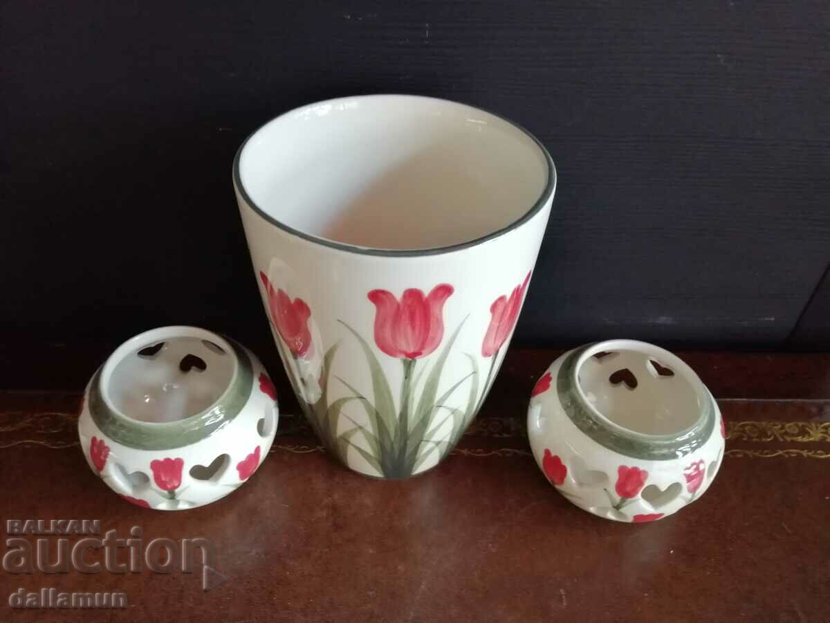 Auction set of vase with candle holders hand painted blue daft Auction set of vase with candle holders hand painted blue daft