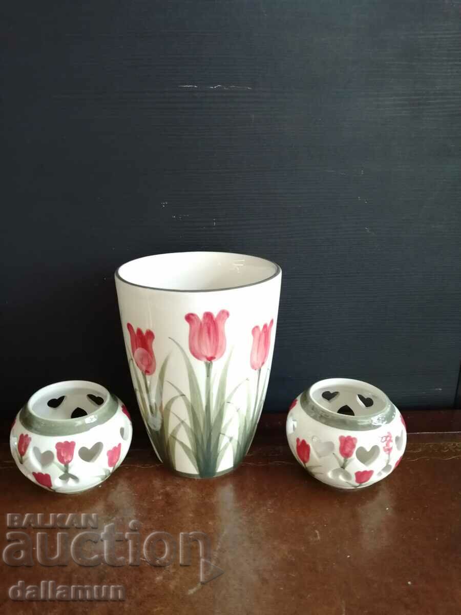 Delivery of set of vase with candle holders hand painted blue daft Delivery of set of vase with candle holders hand painted blue daft