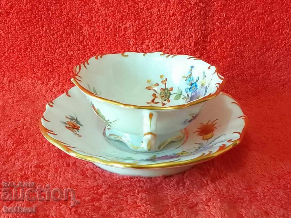 Old double porcelain set cup plate gilding MEISSEN Mocha with price 165.50 BGN | € 84.62 Old double porcelain set cup plate gilding MEISSEN Mocha with price 165.50 BGN | € 84.62