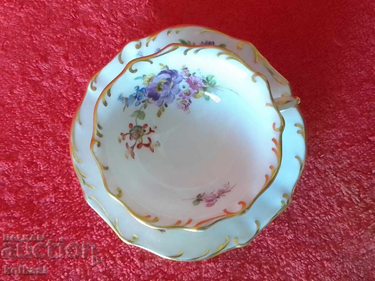 Old double porcelain set cup plate gilding MEISSEN Mocha - 7 Old double porcelain set cup plate gilding MEISSEN Mocha - 7