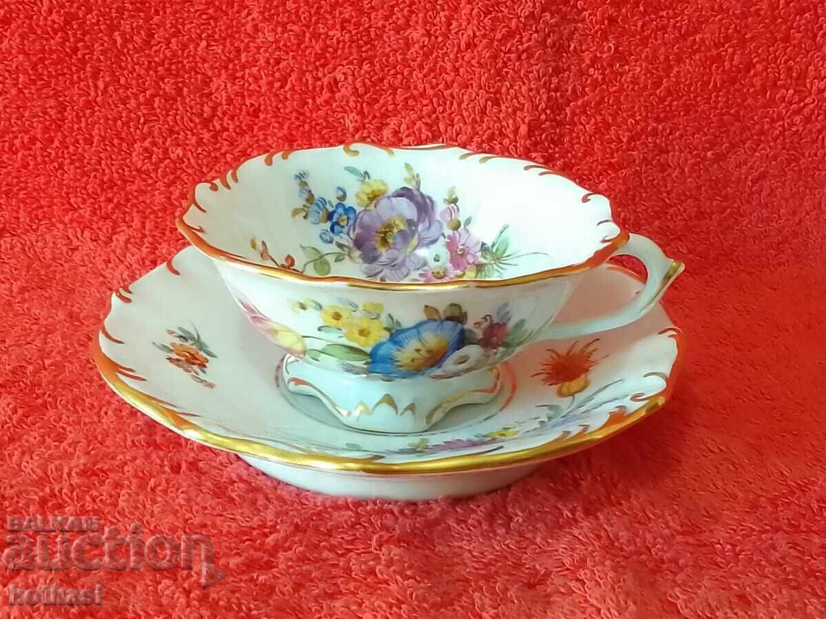 Old double porcelain set cup plate gilding MEISSEN Mocha Old double porcelain set cup plate gilding MEISSEN Mocha