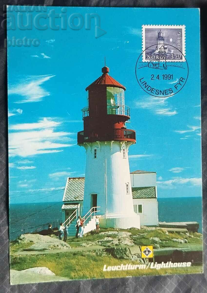 Carte poștală ștampilată. 1991 Farul Lindesnes, Norvegia