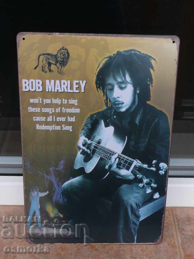 Metallic music label Bob Marley with lion guitar Jamaica reggae top