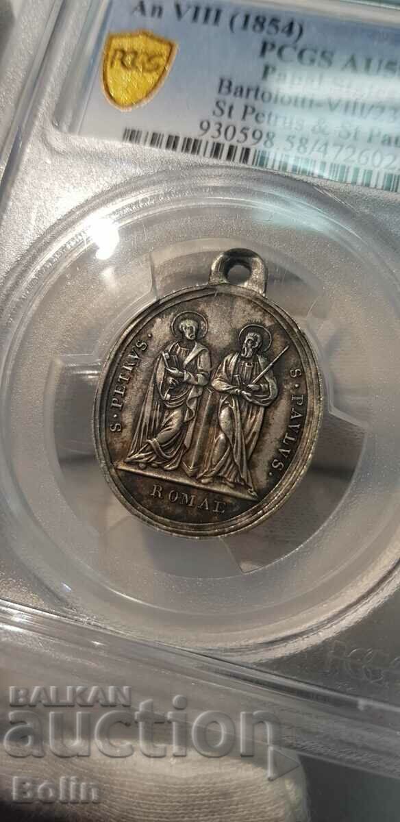 Licitație AU 58 medalie italiană cu jetoane de argint rar 1854 Licitație AU 58 medalie italiană cu jetoane de argint rar 1854