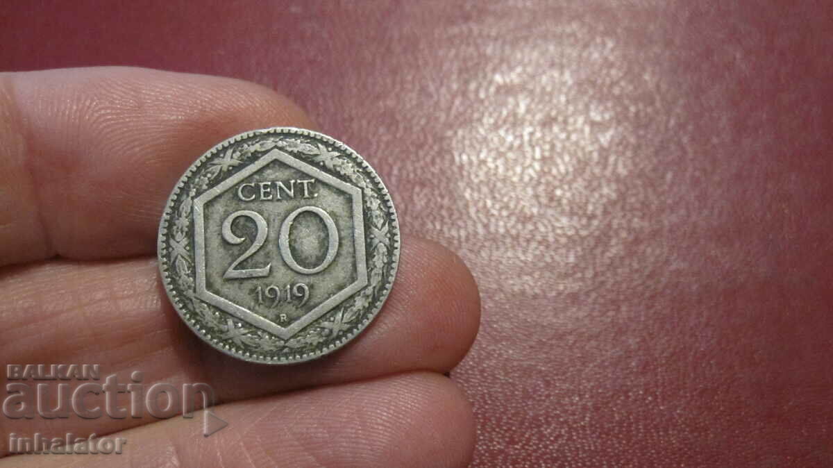 1919 20 centesimi Italia litera R gura netedă