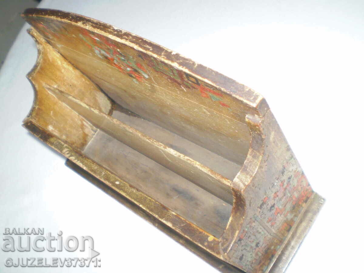 Auction 19th century wooden letter stand colored pyrography Auction 19th century wooden letter stand colored pyrography