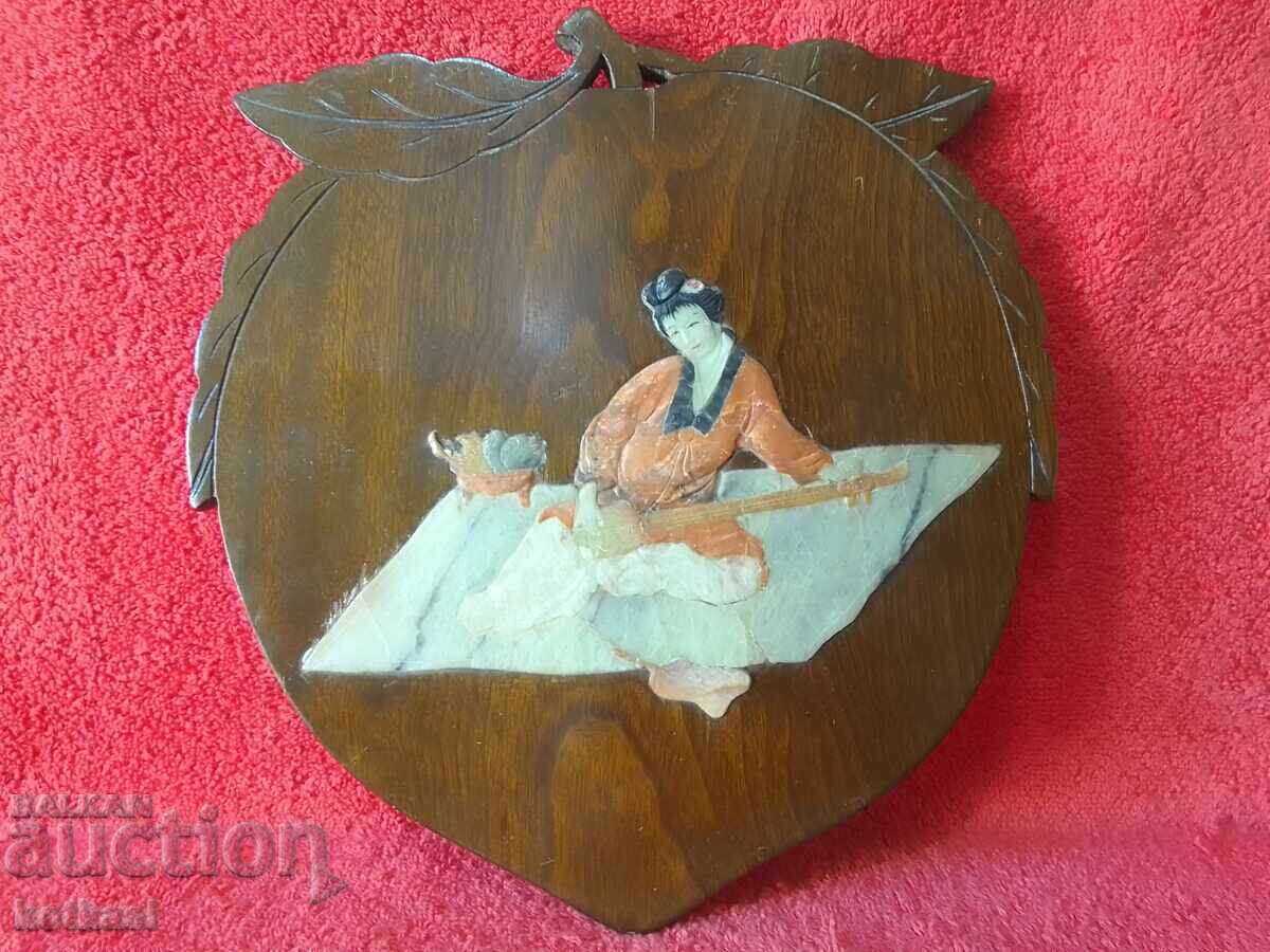 Wooden panel with musician semi-precious stone jade