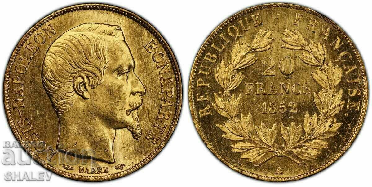 20 Francs 1852 France - MS63 PCGS (gold) with price 3299.89 BGN | € 1687.21 20 Francs 1852 France - MS63 PCGS (gold) with price 3299.89 BGN | € 1687.21